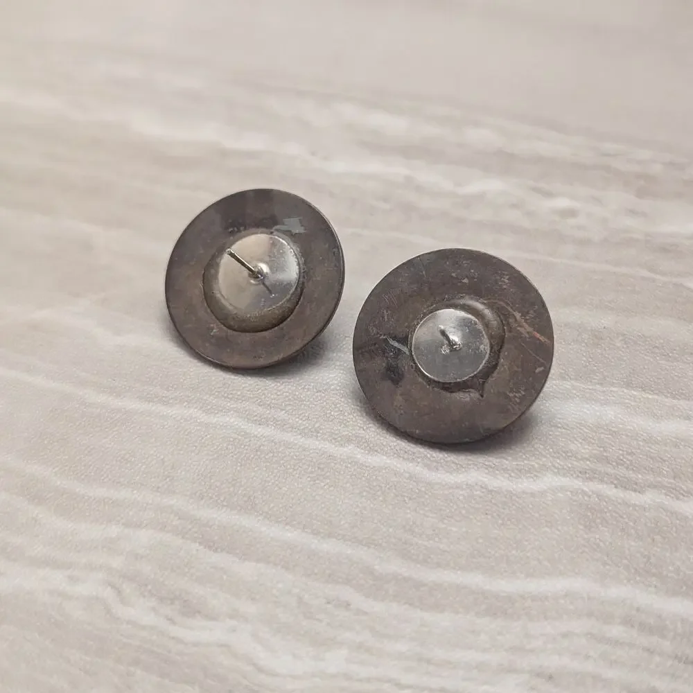 Vintage Stud Earrings Large Dark Tones with Blue Center 1